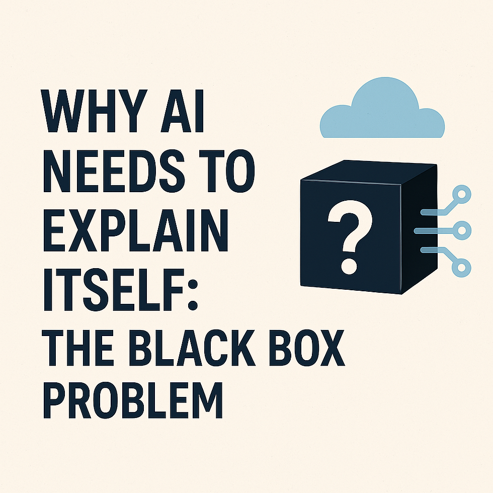 Text reads "Why AI Needs to Explain Itself: The Black Box Problem" with a black box, question mark, cloud, and circuits on a beige background.
