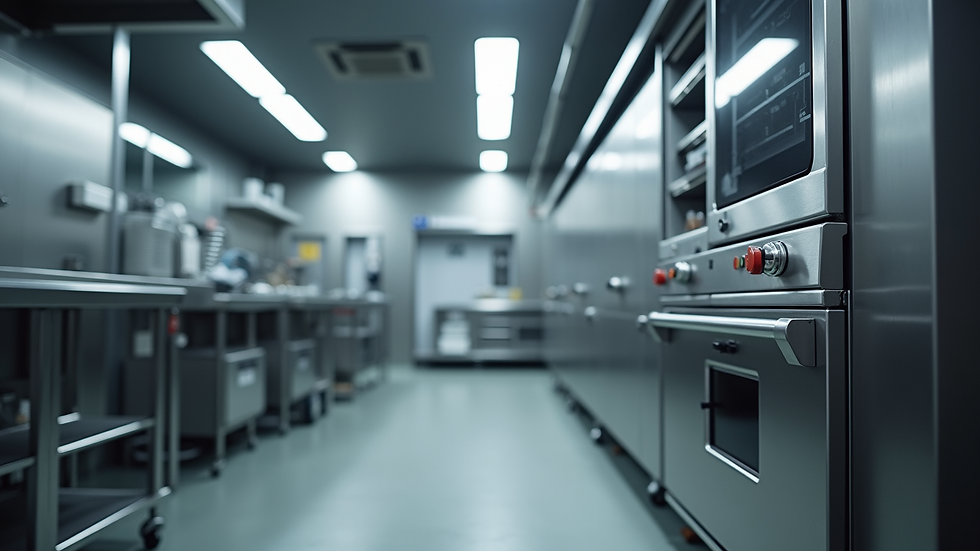 Eye-level view of commercial kitchen equipment showroom with stainless steel appliances