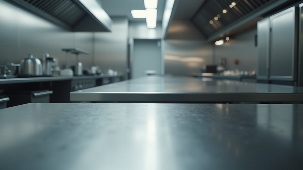 Close-up view of stainless steel commercial kitchen work table with clean surfaces