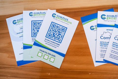 Comfort Generation cards, QR codes and text about comfort and filter size.