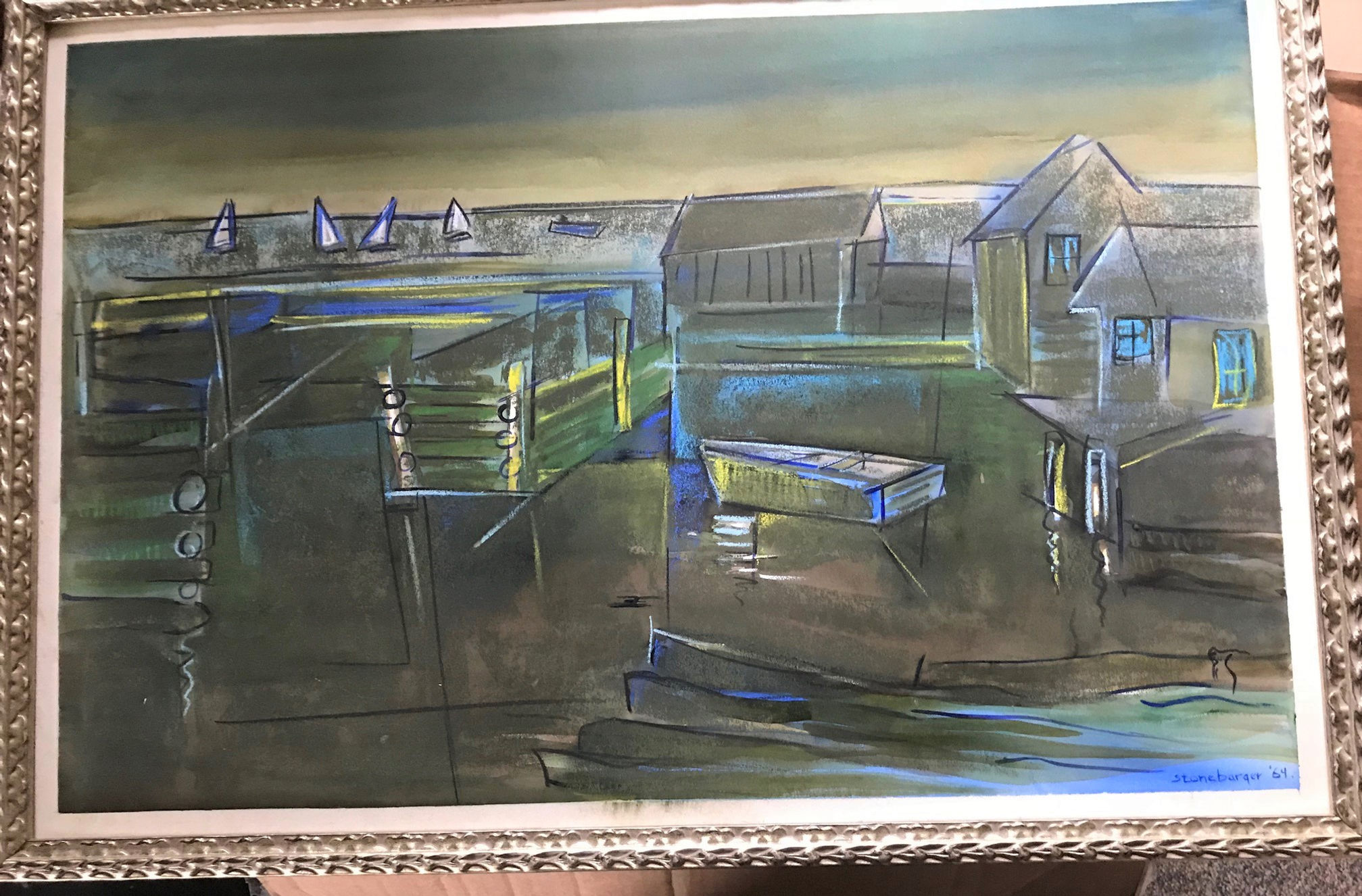Painting "Stonebarger 1964" Harbor Scene, Oil On Board, Signed