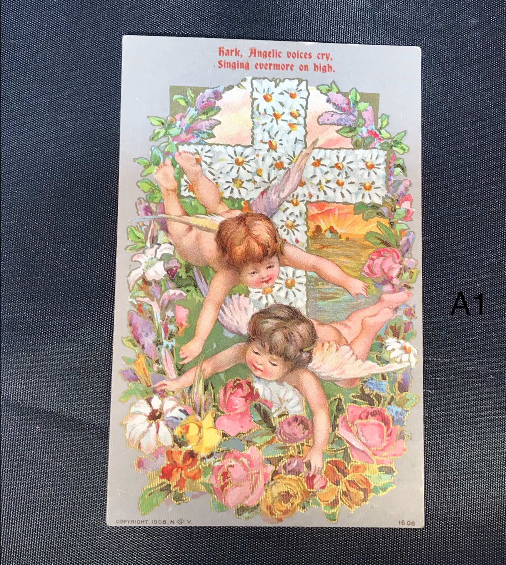 Vintage Easter Postcard - Angels and Cross