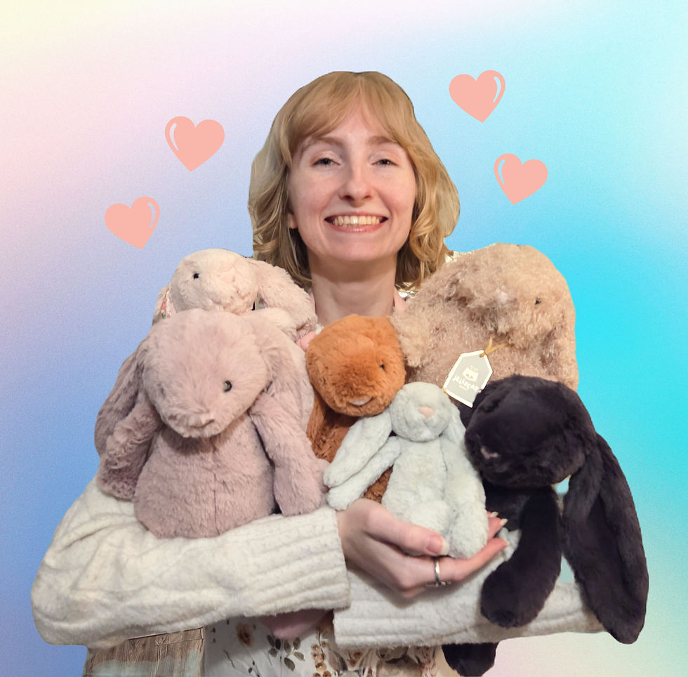 woman holding a bunch of stuffed bunnies