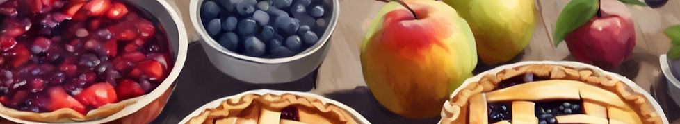 Picture of variety of fruit pies on table with some blueberries
