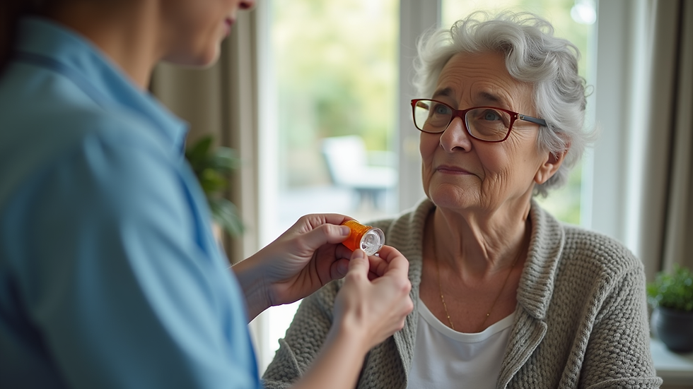 Close-up view of a caregiver assisting an elderly person with medication at home