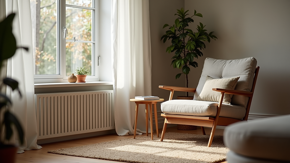 Eye-level view of a cozy living room with a comfortable armchair and a side table