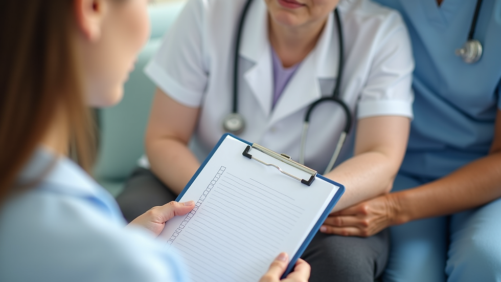 Close-up view of a caregiver’s hand holding a checklist during a home care interview