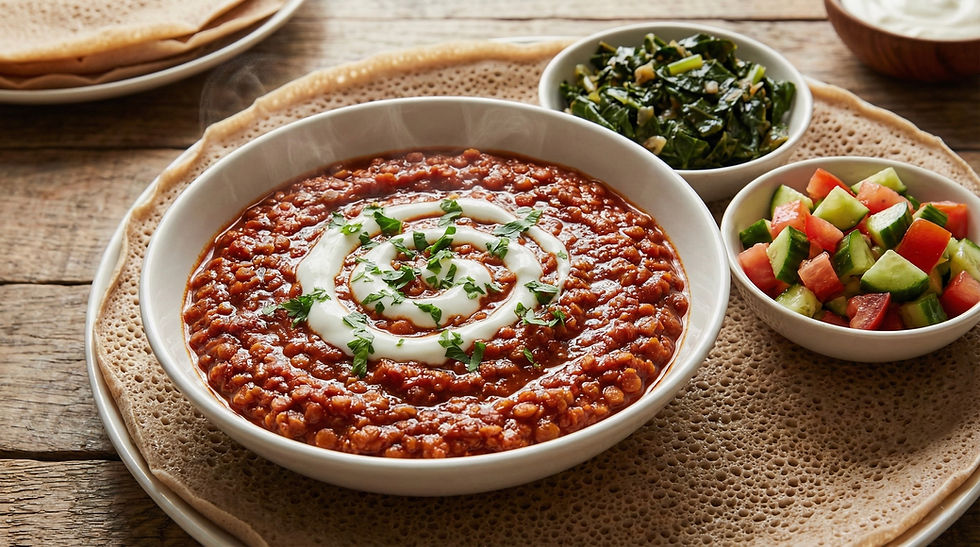 A professionally styled, high-angle, wide-format photo of a steaming white bowl of rich red Misir Wot (Ethiopian lentil stew) garnished with a swirl of vegan yogurt and parsley, resting on a sheet of Injera, flanked by small bowls of sautéed collard greens (Gomen) and fresh tomato-cucumber salad.