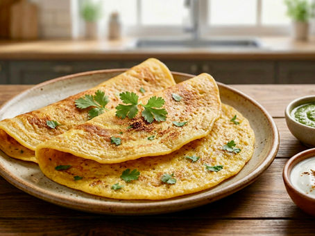 A close-up shot of two perfectly cooked, golden-yellow Moong Dal Chillas (savory lentil pancakes) served on a rustic ceramic plate. The chillas are folded and lightly garnished with fresh coriander leaves and a sprinkle of spices. On the side, there are two small ceramic bowls: one containing vibrant green mint-coriander chutney, and the other holding white yogurt (dahi) topped with roasted cumin powder. The setup is on a wooden table with a softly lit, modern kitchen background, suggesting a healthy and appetizing Indian breakfast or meal.