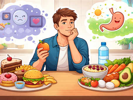 Semi-realistic illustration of a man holding an apple while deciding between emotional eating junk food and real hunger with healthy food options.