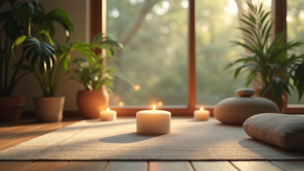 Eye-level view of a serene meditation space with plants and candles
