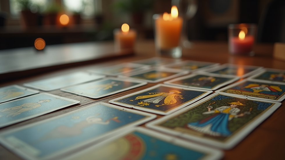Close-up view of tarot cards spread on a wooden table