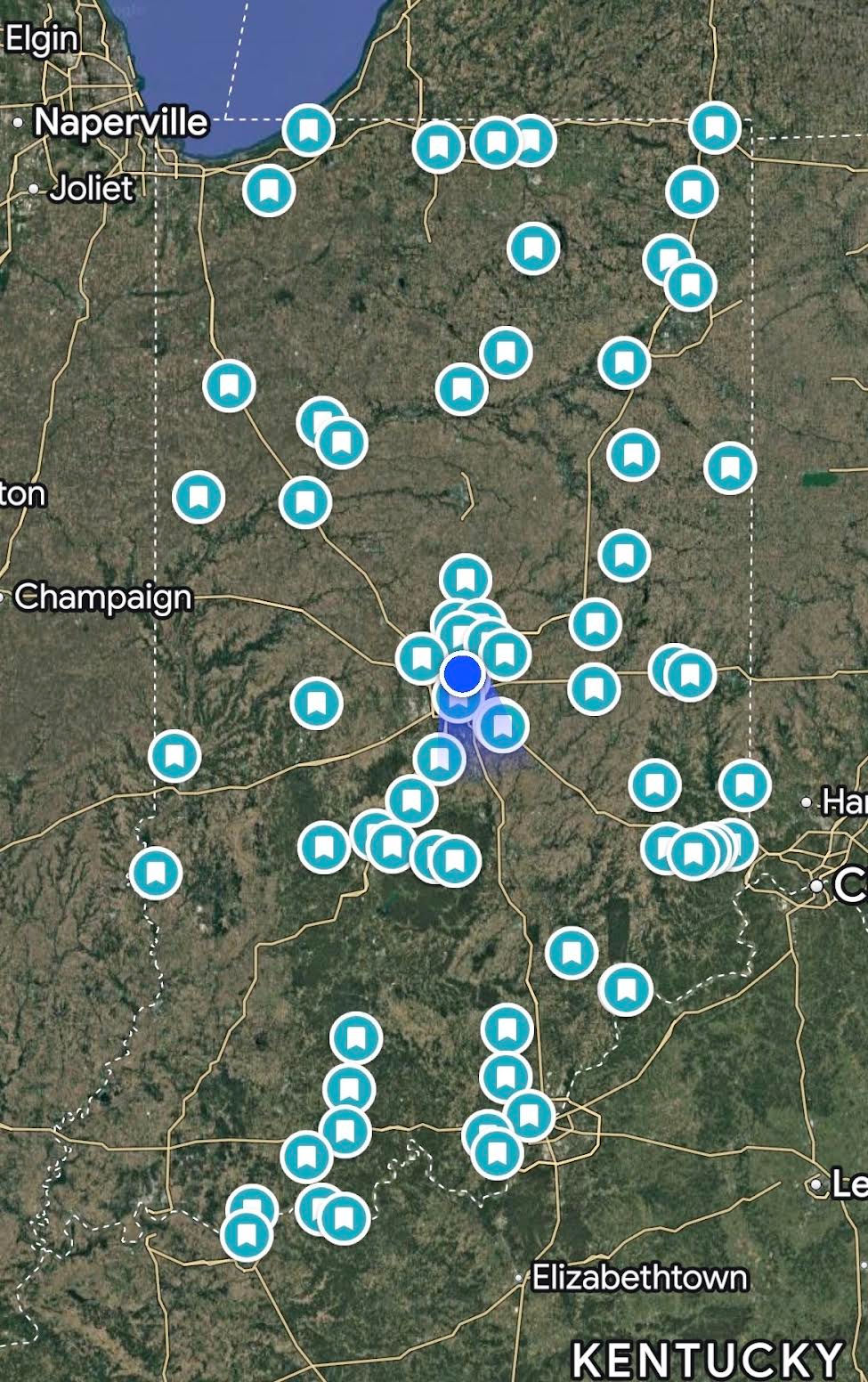 map of indiana with Google map pins on them