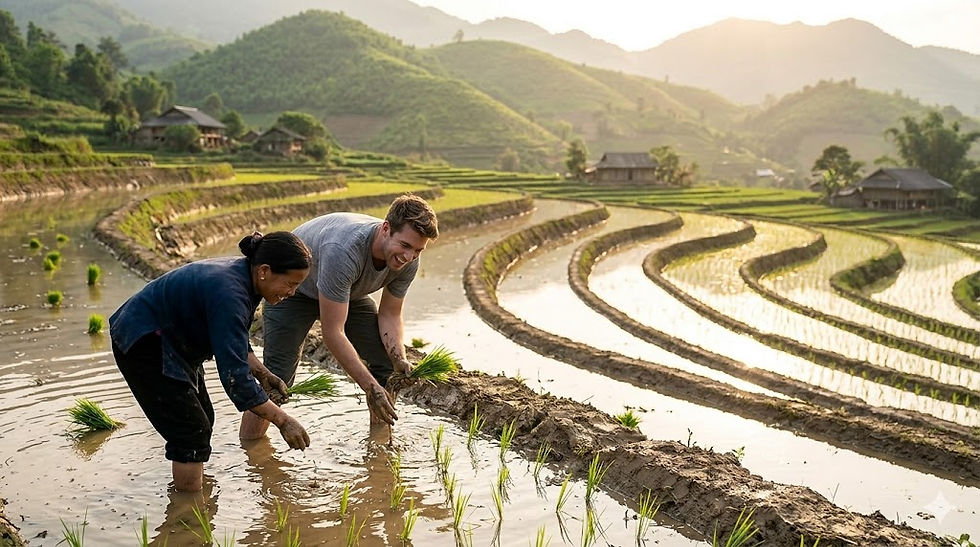 a man and a woman planting seedlings in a river in an exotic locaton