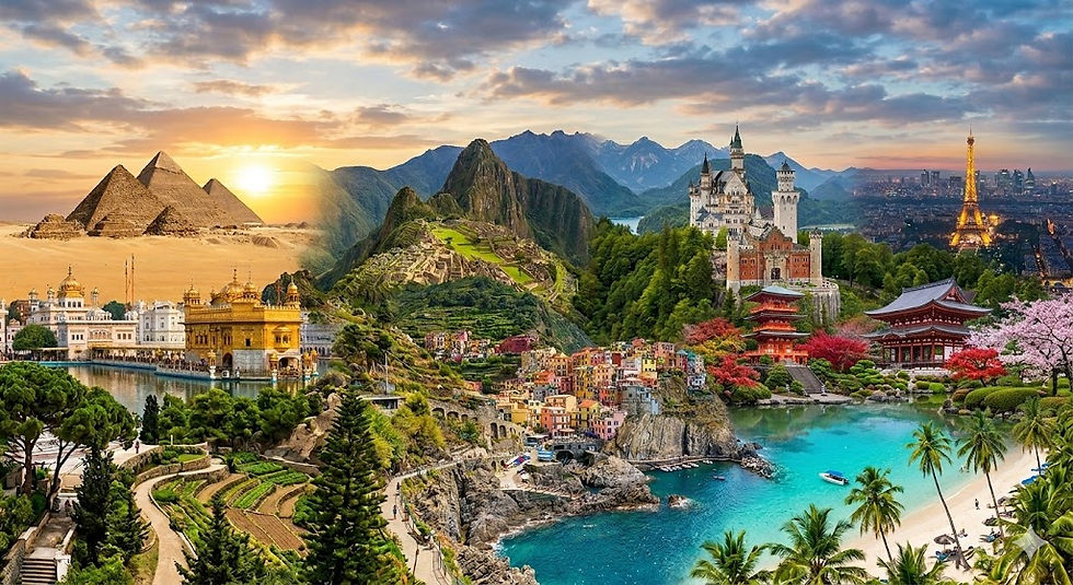 image of major tourist spots like eiffel tower, Golden Temple, the Pyramids of Giza, Machu Picchu