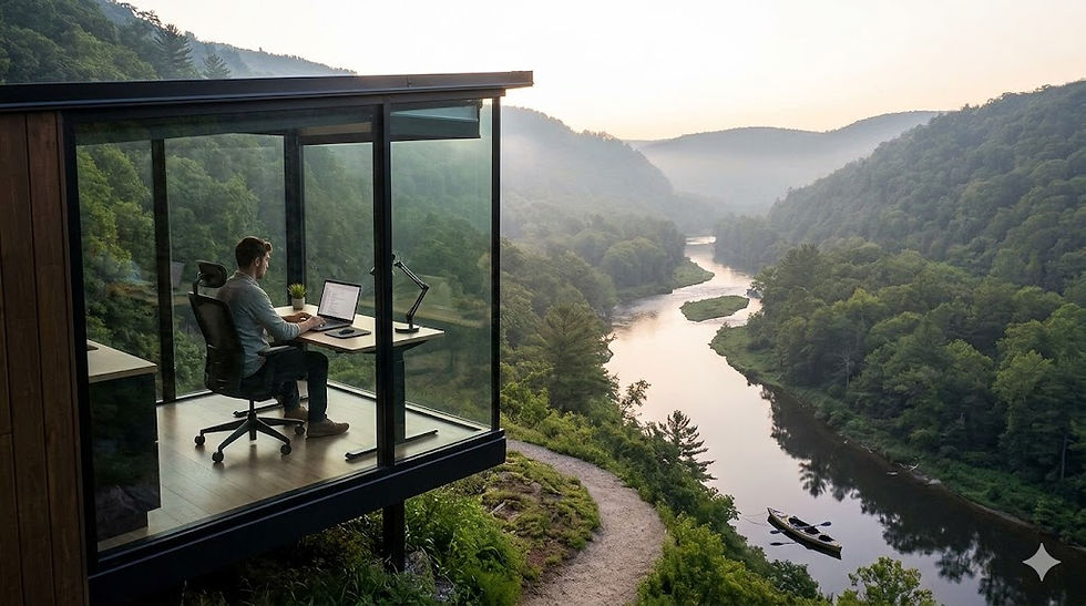 an office with glass walls looking over serene river a mountains