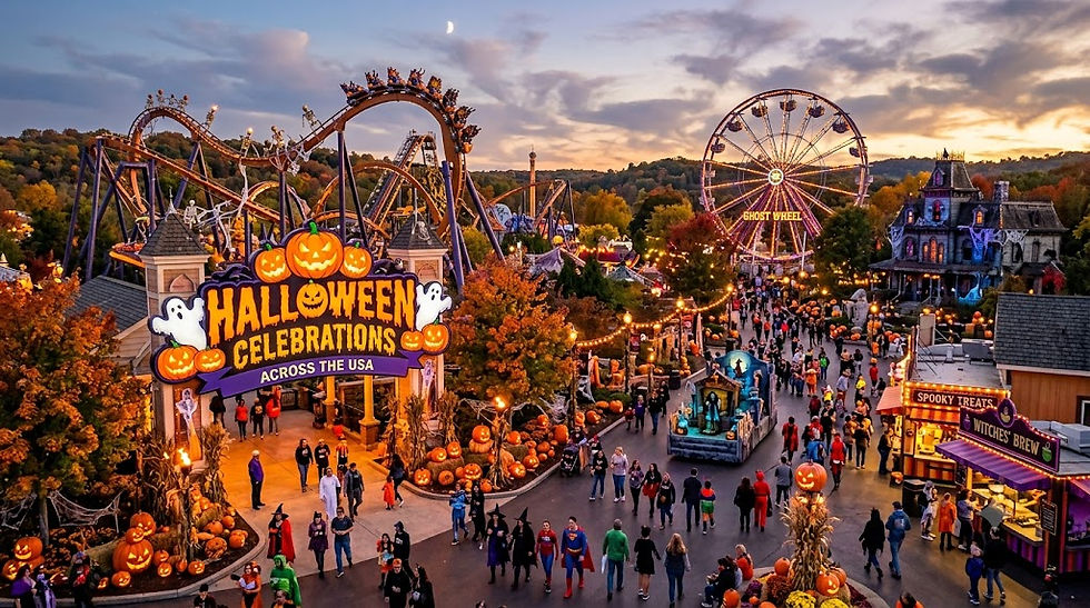 amusement park with pumpkins all over that says halloween celebrations across the USA