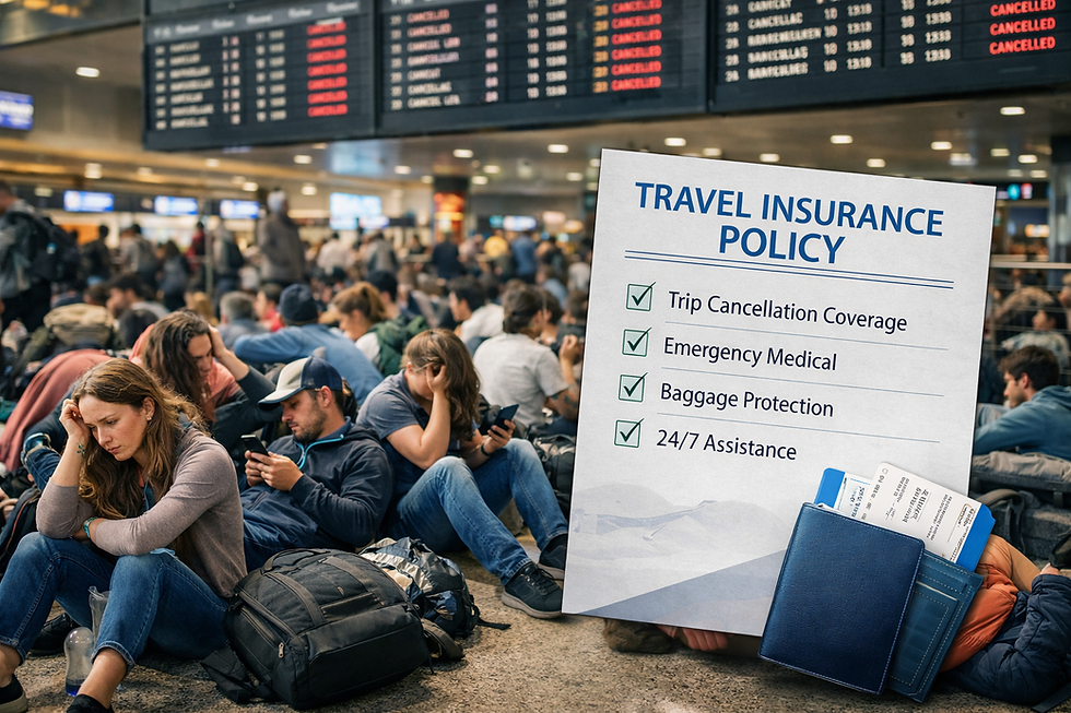 stranded people in airport with an overlay image that says travel insurance policy