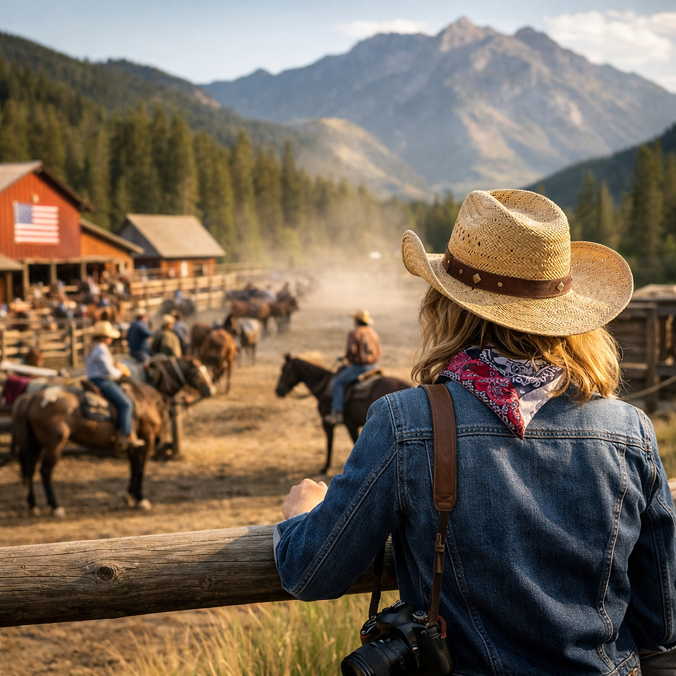 a vacationer on a working dude ranch woman with camera looking at cowboys on horses on a ranch 