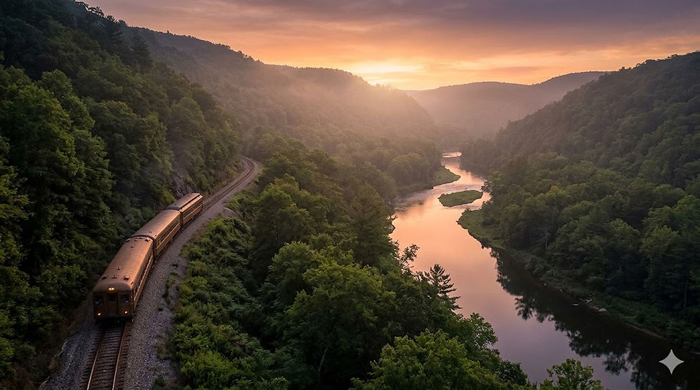 long winding rive and a training in the mountains at sunset