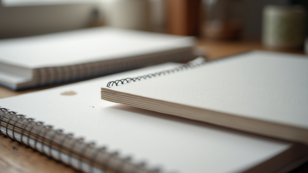 Close-up view of a selection of canvases and sketchbooks