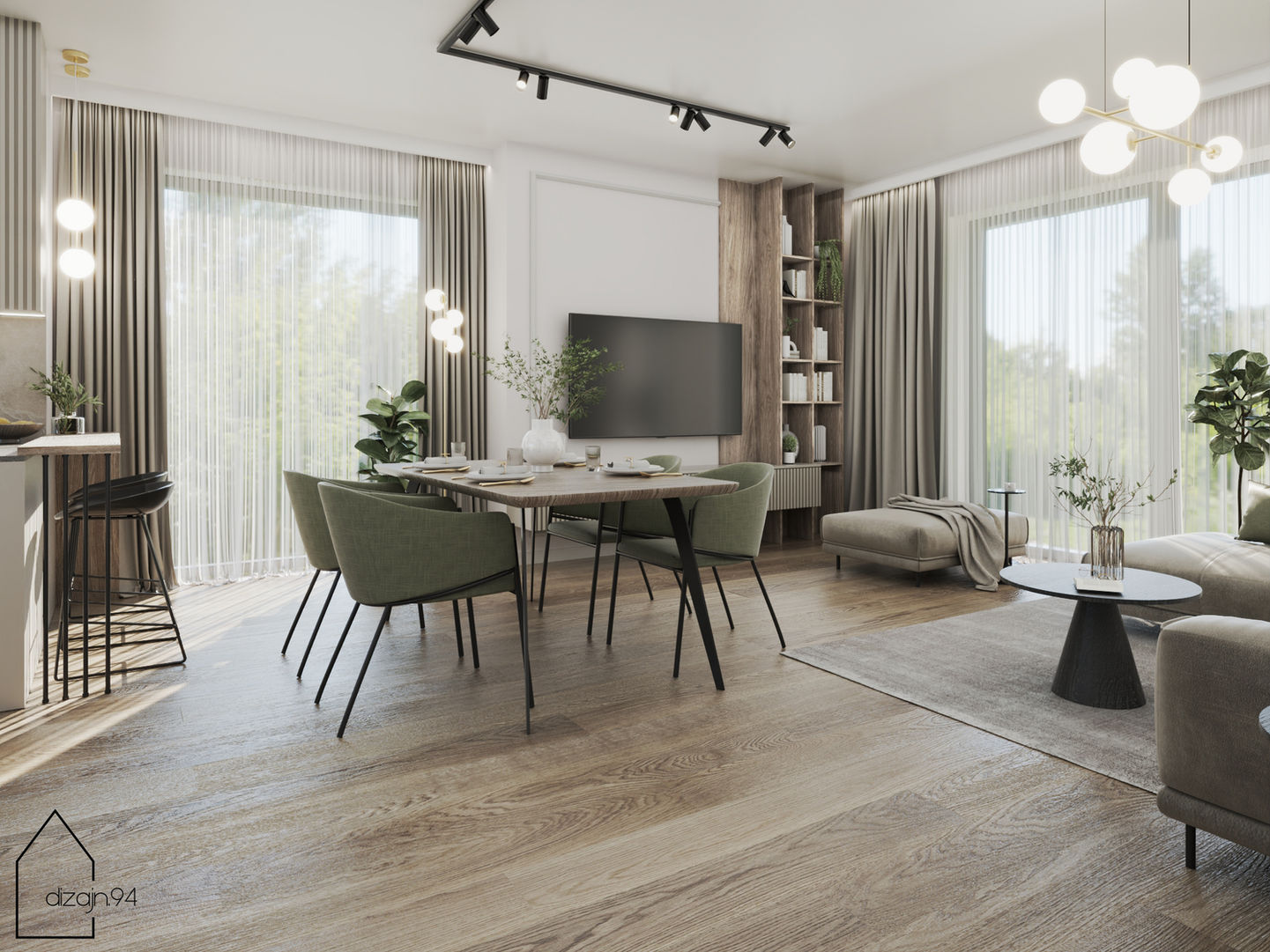 Nowoczesna strefa dzienna z jasnym oświetleniem