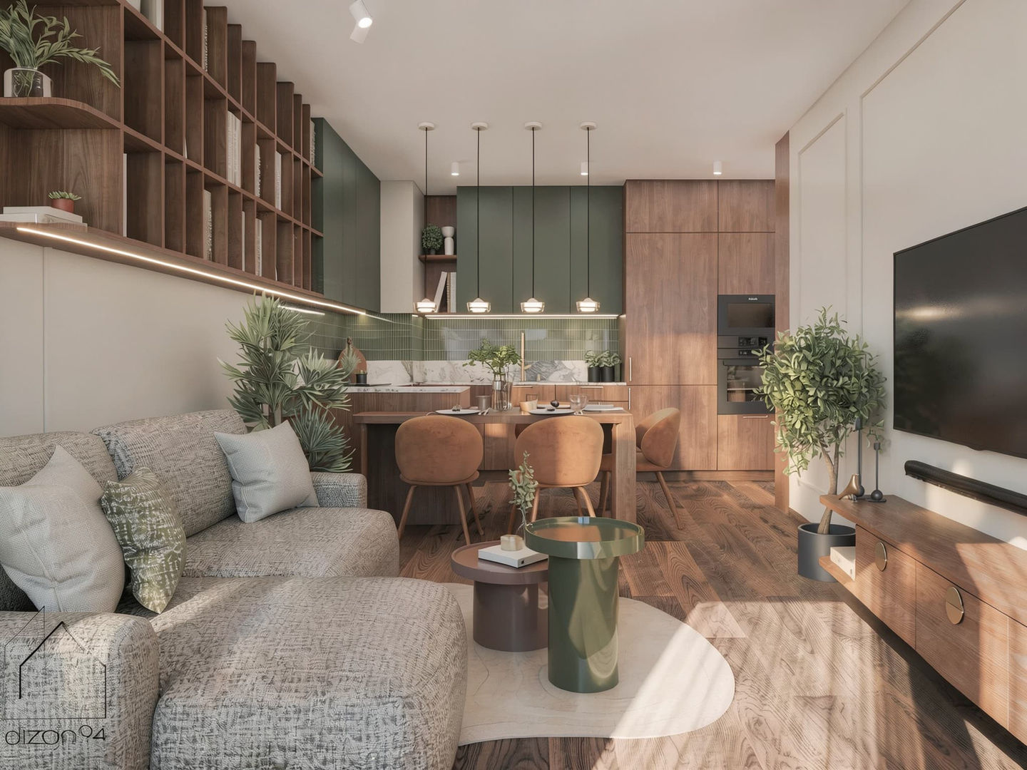 Projekt wnętrza salonu z aneksem kuchennym – drewniane akcenty, zielone fronty kuchenne i szara sofa, studio Dizajn.94 Kraków