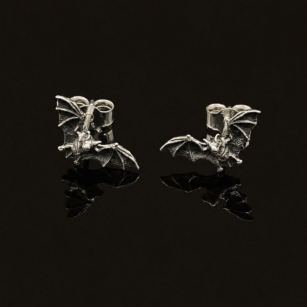 Thumbnail: Sterling Silver Bat Stud Earrings with post and scrolls fittings