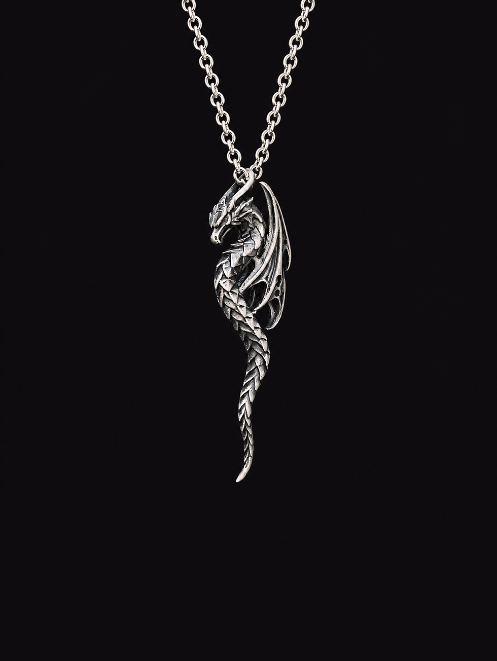 Silver Wyvern Pendant hanging fron a chain
