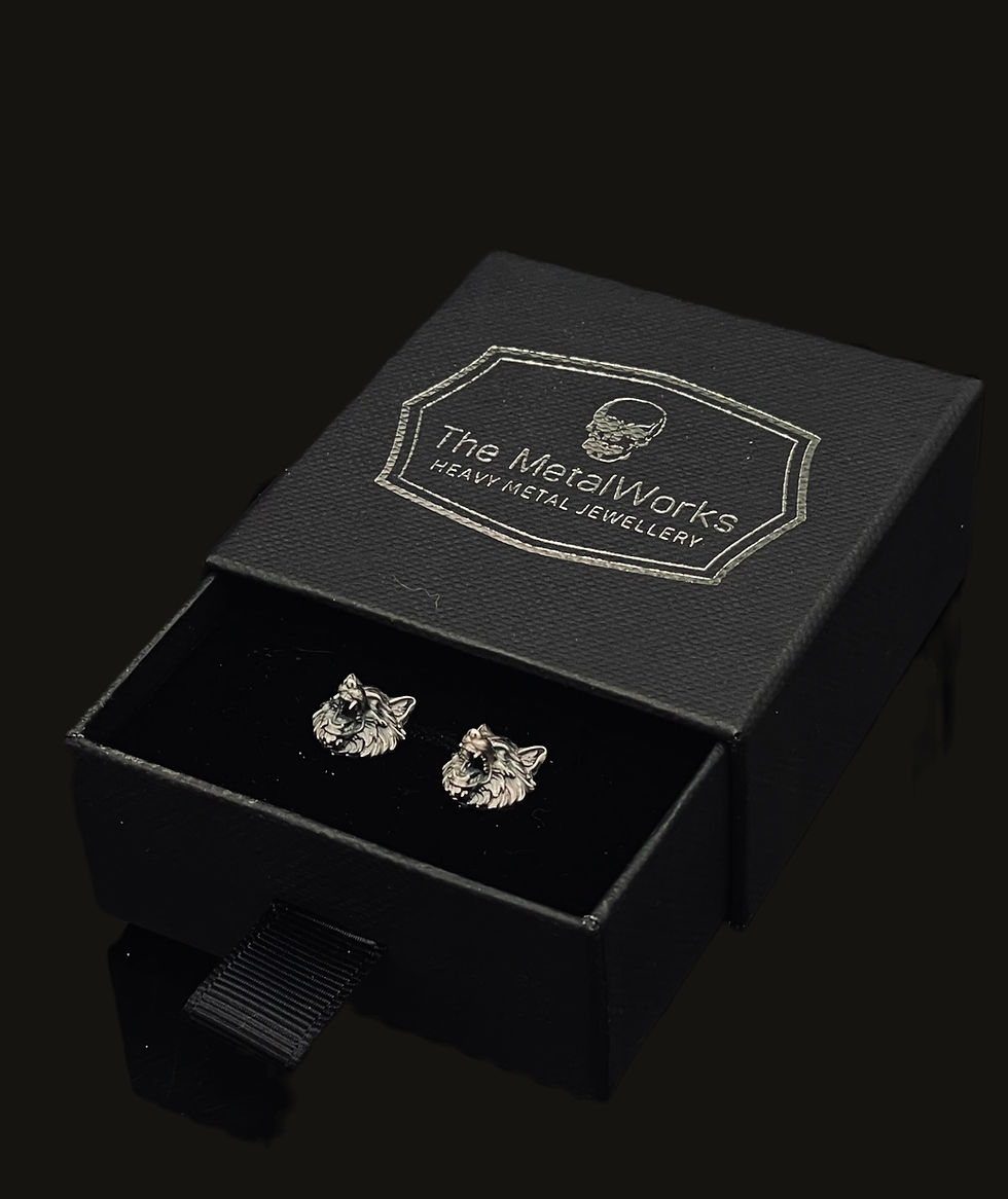 Thumbnail: Silver Wolf Stud Earrings in jewellery box
