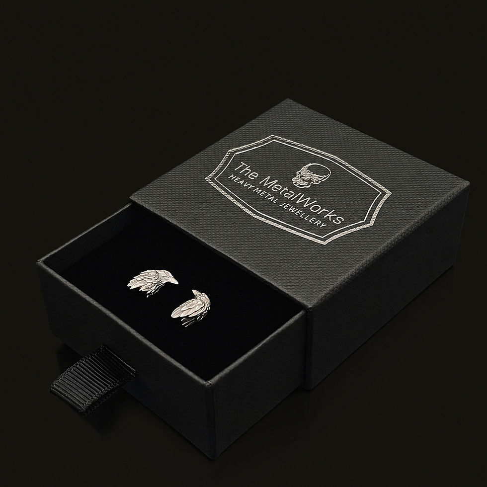 Thumbnail: Sterling Silver Raven Earrings in branded jewellery box
