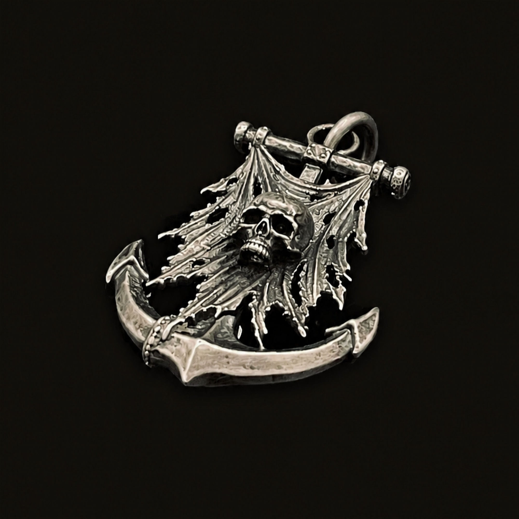 Sterling Silver Anchor Skull Pendant Close Up View