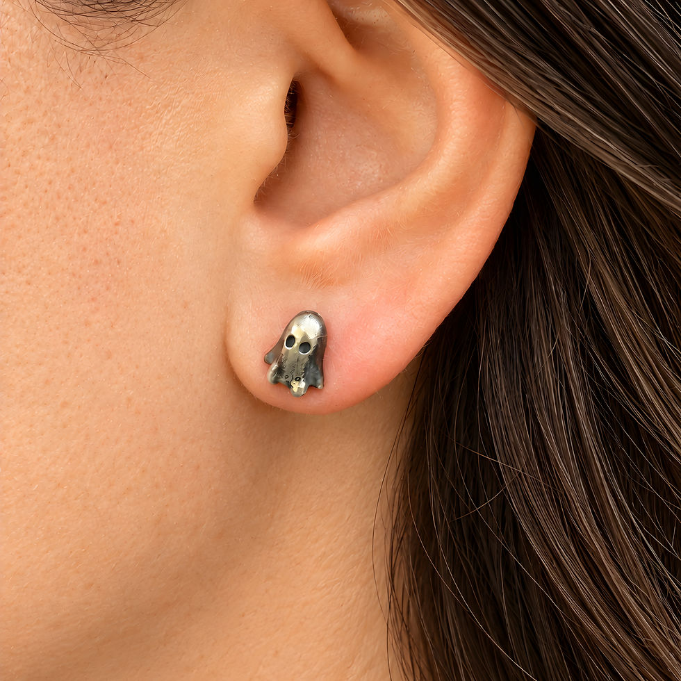 Sterling Silver Halloween Ghost Earrings worn by a woman