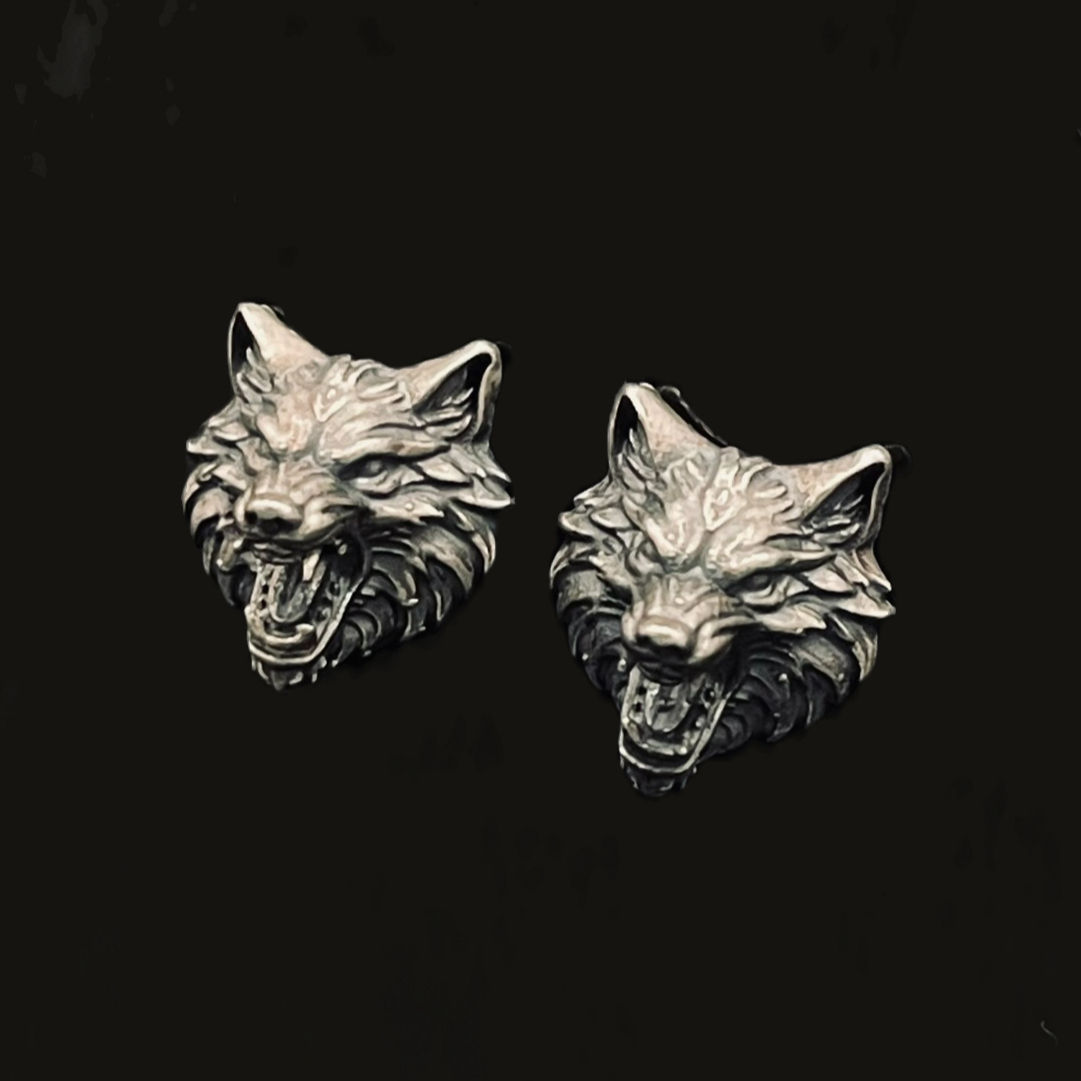 Sterling Silver Wolf Stud Earrings Main View