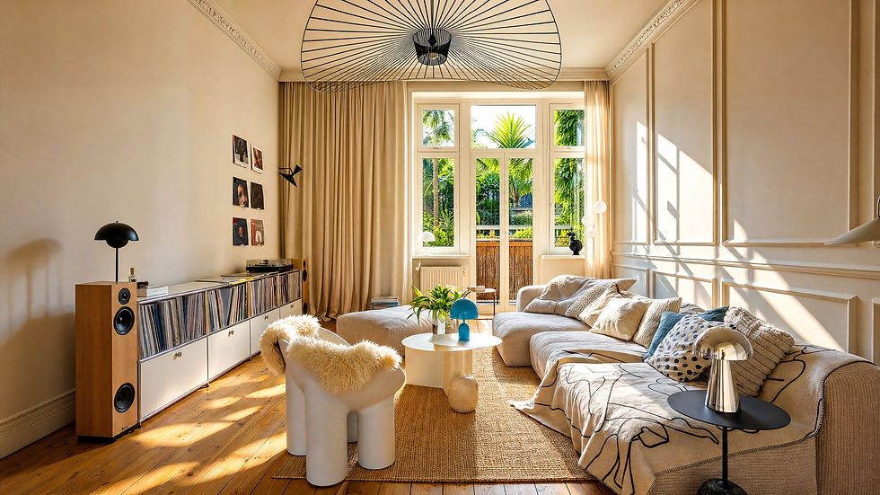 Sunlit stylish living room with beige sectional, record cabinet, vinyl art, and large window overlooking lush greenery.
