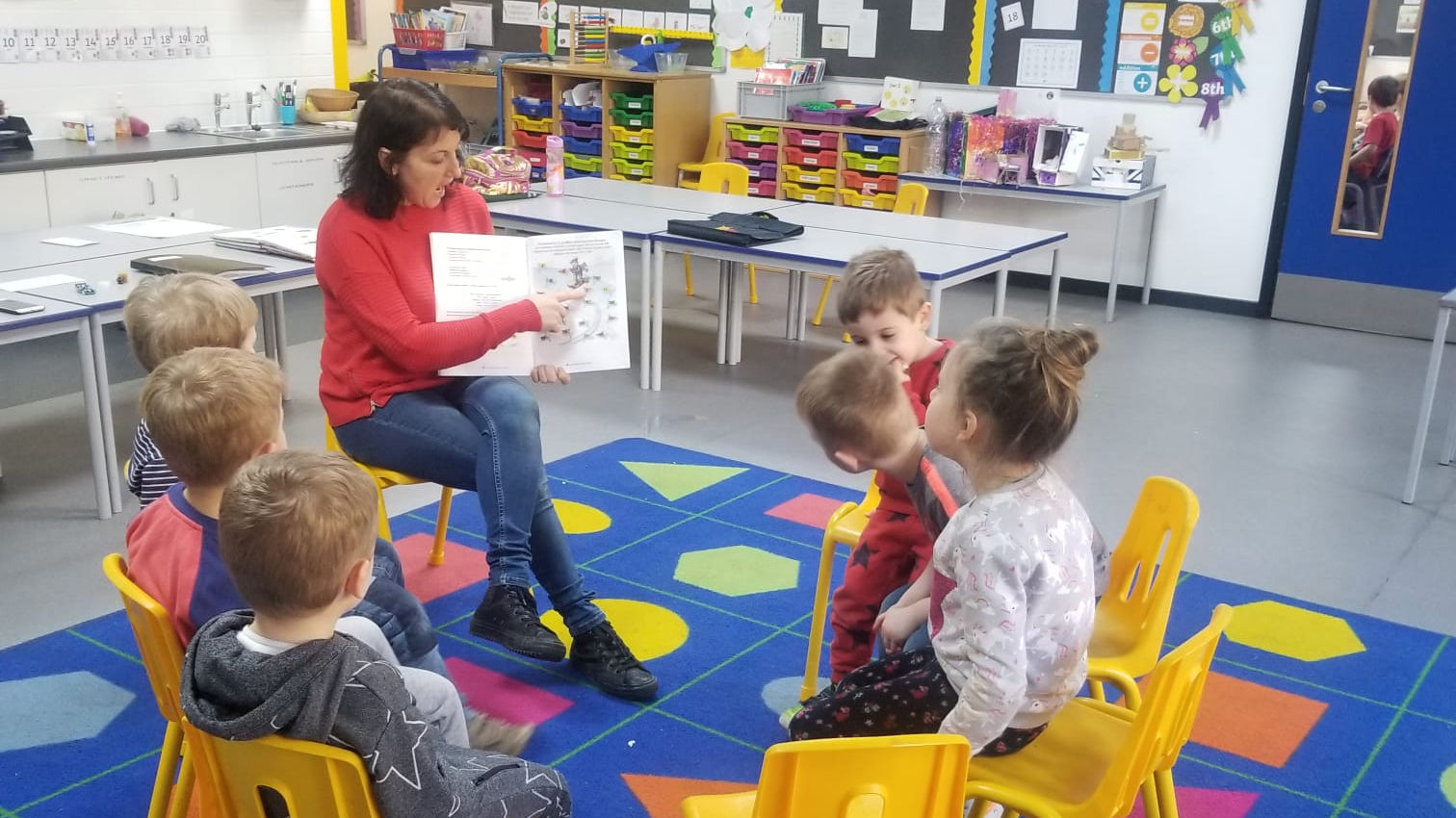 Teacher pointing at book in storytelling while students watch