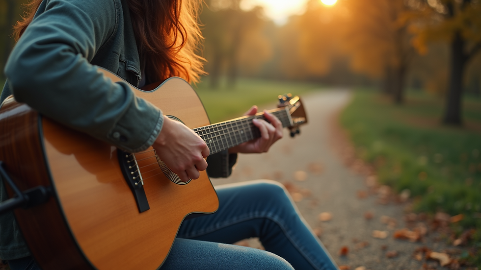 High angle view of a musician playing a guitar in a serene setting