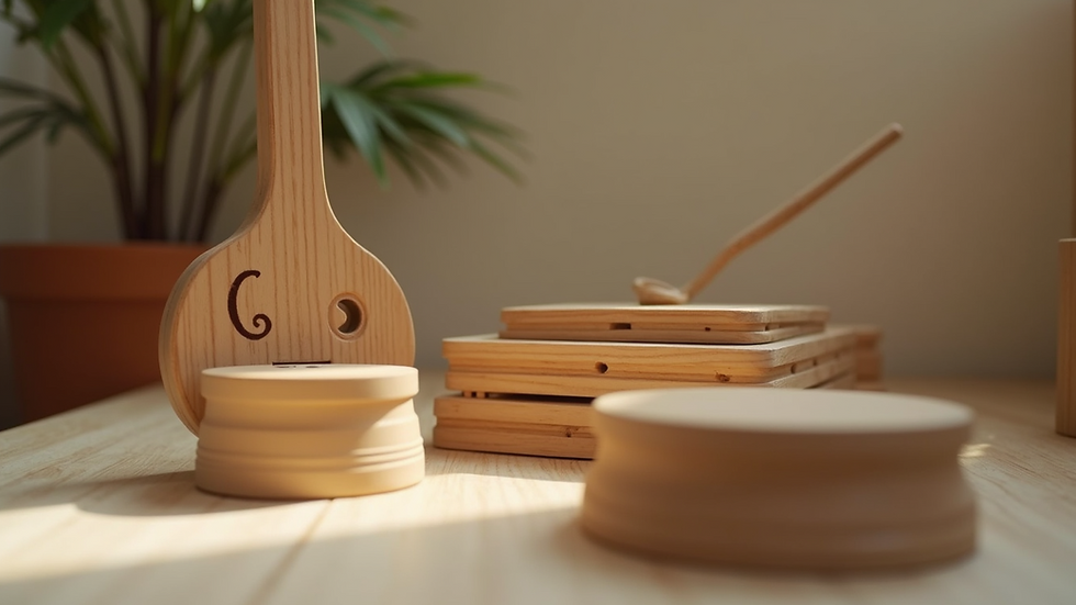 Close-up view of DIY children's musical instruments