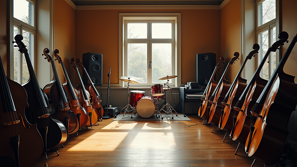 Wide angle view of an open music studio filled with instruments