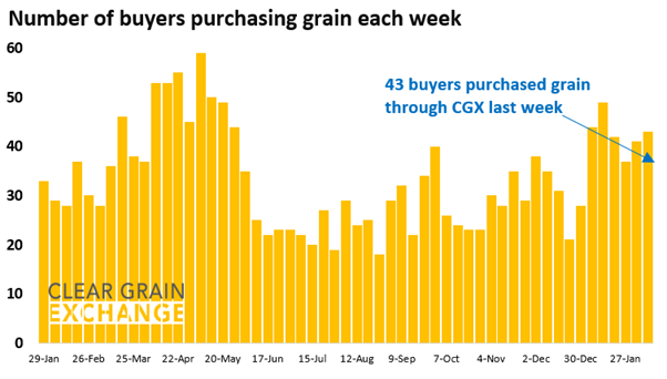 27 buyer businesses purchased grain through Clear Grain Exchange (CGX) last week. More buyers were searching for grain offered for sale.