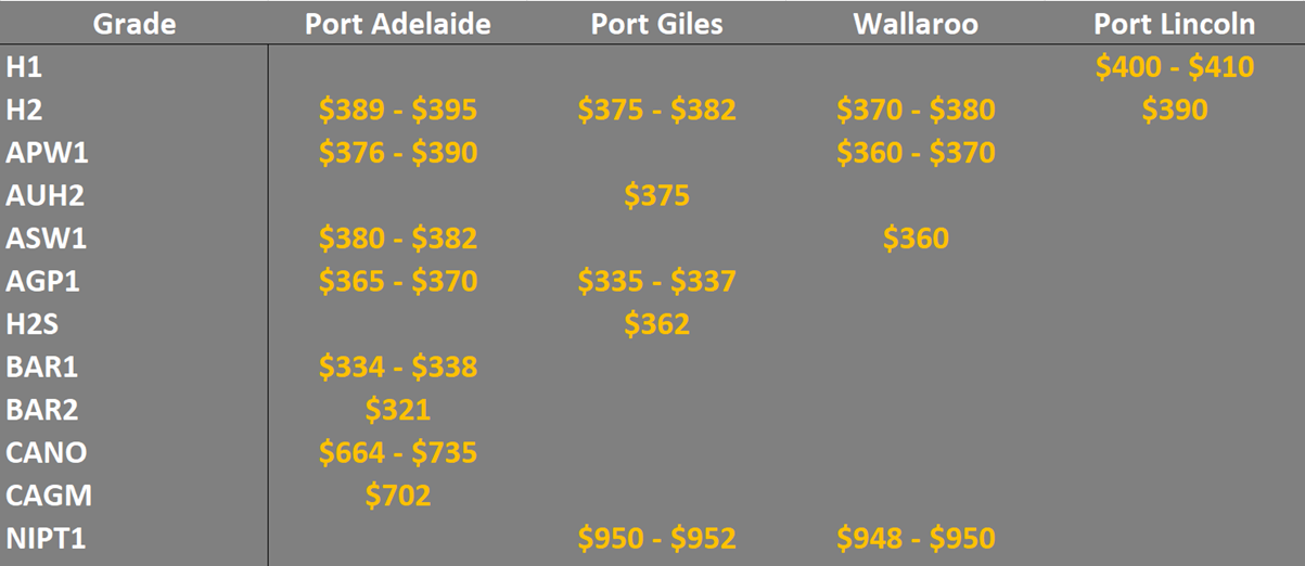grain prices in the main ports in the SA & WA