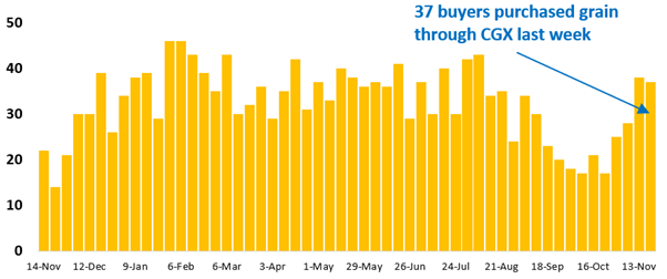 37 buyer businesses purchased grain through Clear Grain Exchange (CGX) last week. More buyers were searching for grain offered for sale.