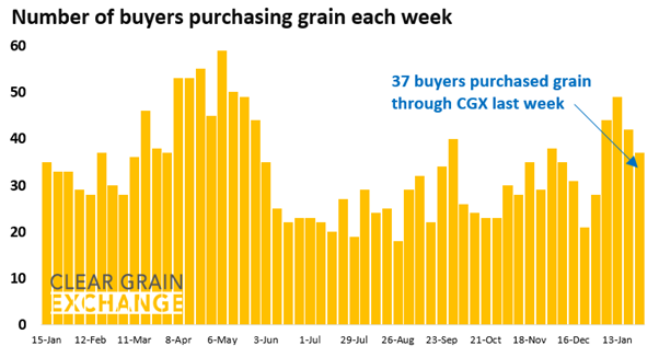 27 buyer businesses purchased grain through Clear Grain Exchange (CGX) last week. More buyers were searching for grain offered for sale.