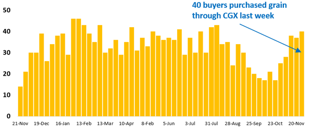 40 buyer businesses purchased grain through Clear Grain Exchange (CGX) last week. More buyers were searching for grain offered for sale.