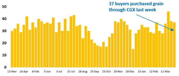 37 buyer businesses purchased grain through Clear Grain Exchange (CGX) last week. More buyers were searching for grain offered for sale.