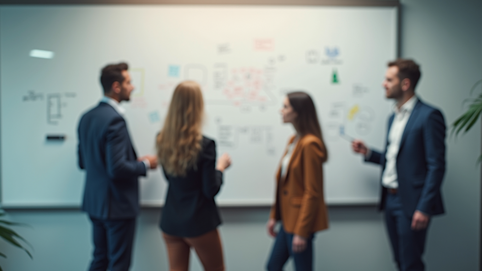 Eye-level view of a team brainstorming ideas on a whiteboard