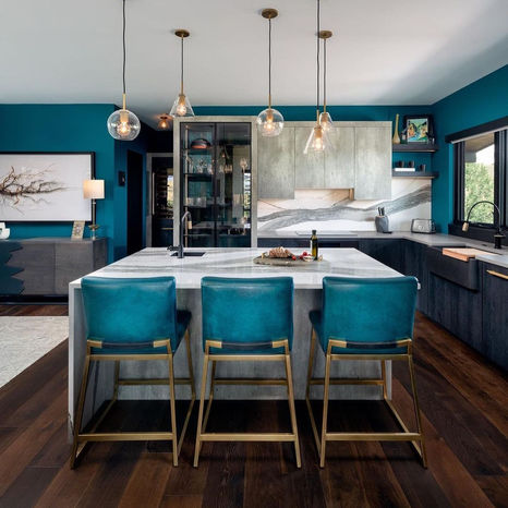 turquoise kitchen with Brass Counter Stools in a bright leather