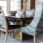 modern dining room table with wood top and six chairs