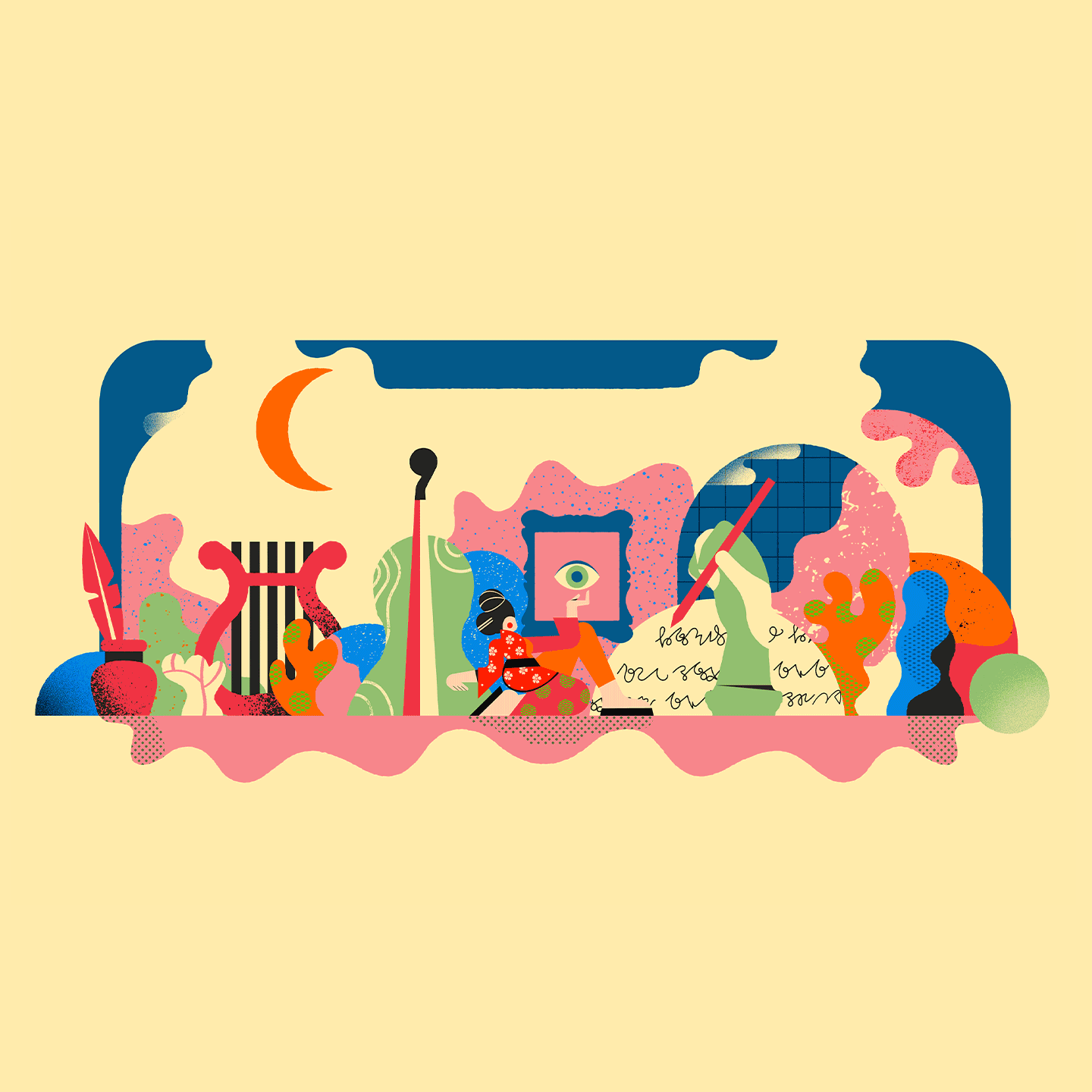 I was contacted by INALCO, the prestigious Parisian university establishment to create an original artwork to illustrate their "culture cart" which allows students to benefit from advantageous prices on a selection of artistic and cultural offers. This illustration has been used on the website banner, on posters and flyers distributed to students.