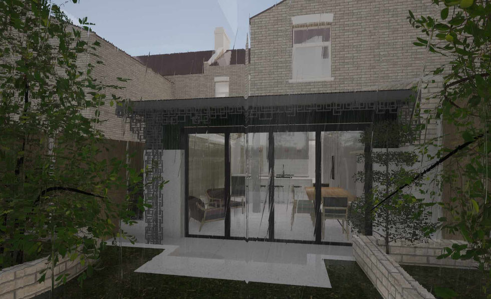 A 3D rendering of a house extension with large glass doors, a view of the garden, and a rain effect overlaying the image.